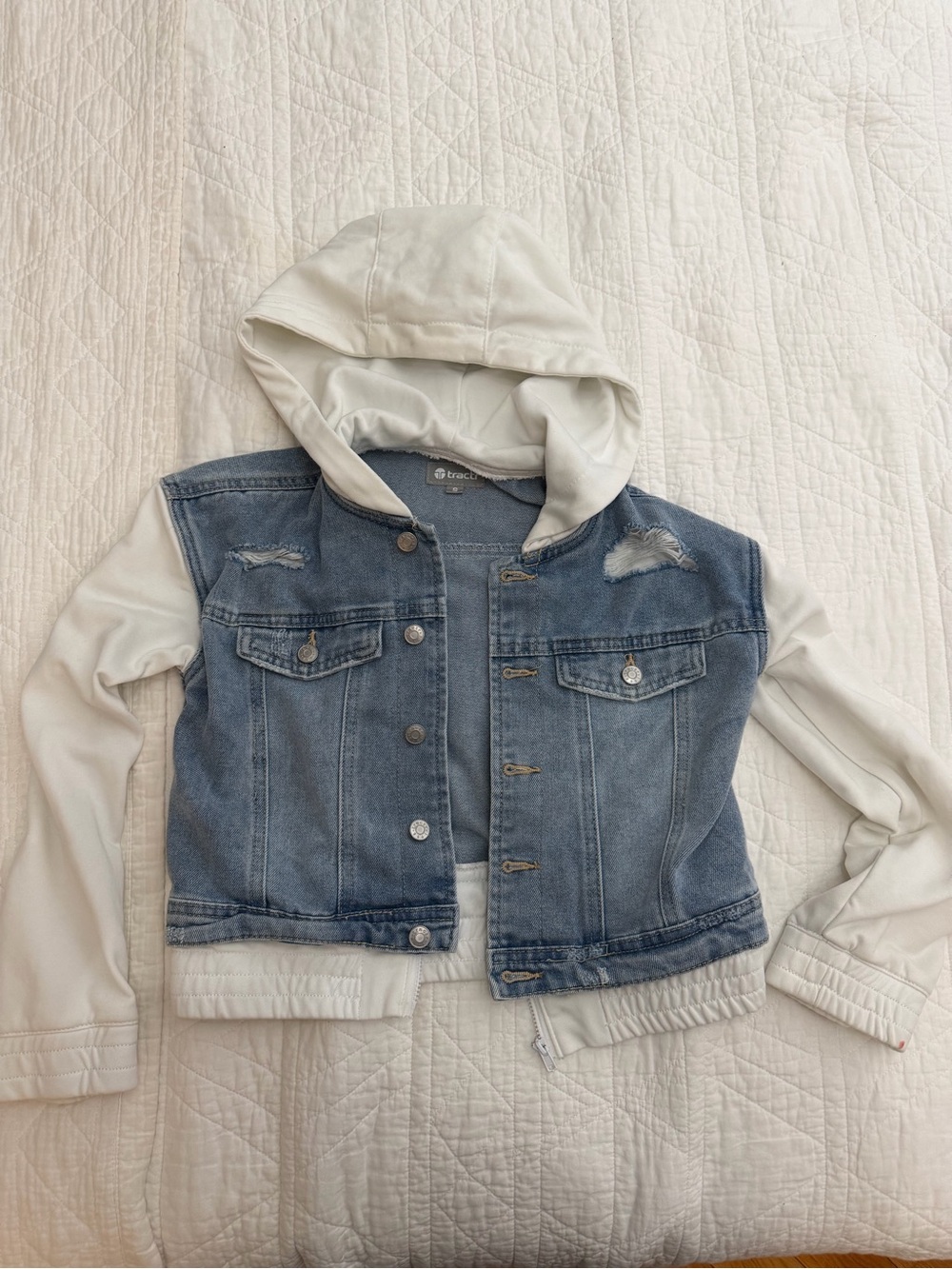 Tractr Blue Denim Jacket with White Hooded Sleeves